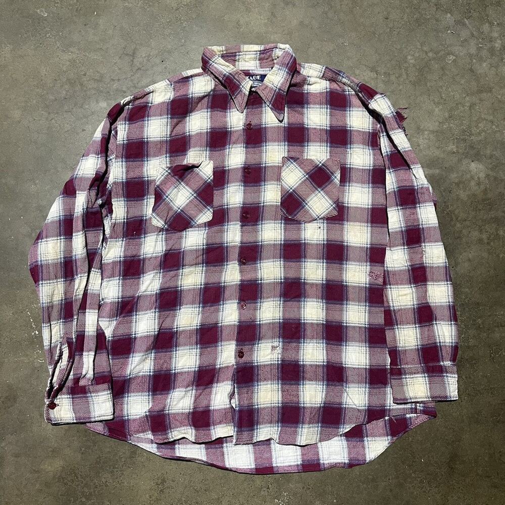 Vintage 70s Stage II Plum Plaid Distressed Flannel Shirt